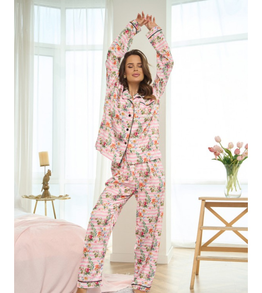 Брючная розовая пижама из цветочного шелка