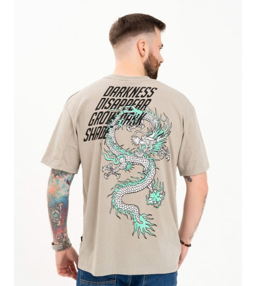 Оливковая свободная футболка с принтованным драконом