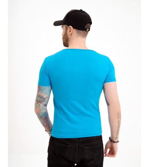 Блакитна бавовняна футболка з принтом та написом