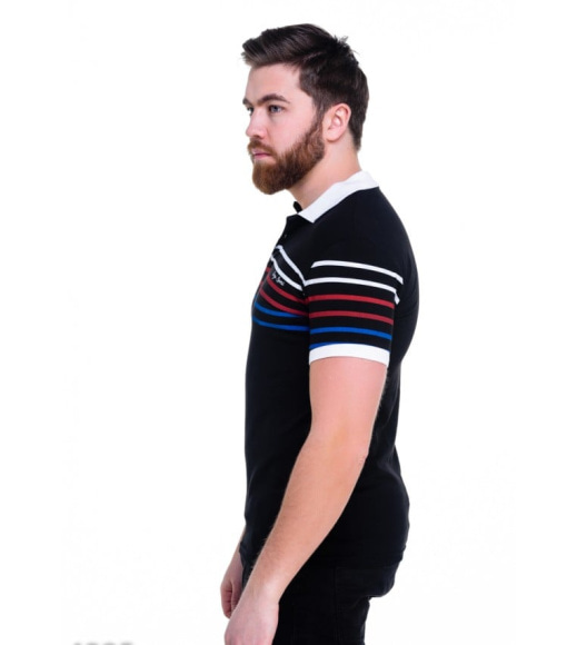 Чорна чоловіча футболка-поло з контрастними кольоровими смугами