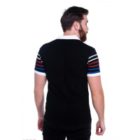 Чорна чоловіча футболка-поло з контрастними кольоровими смугами