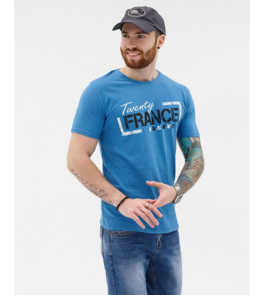 Синяя трикотажная принтованная футболка