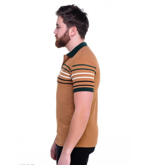 Коричневая мужская футболка-поло с контрастными цветными полосами