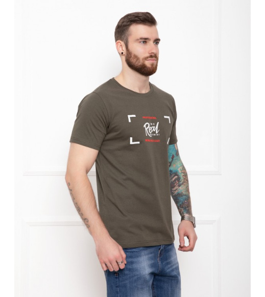 Трикотажная футболка цвета хаки с объемным принтом