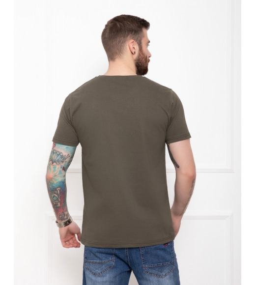 Трикотажна футболка кольору хакі з об`ємним принтом