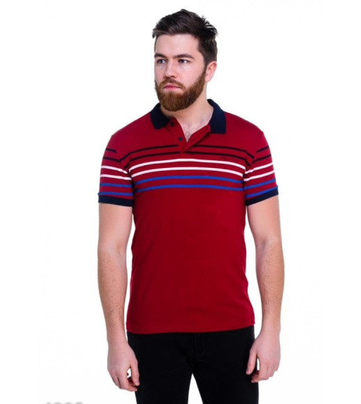 Красная мужская футболка-поло с контрастными цветными полосами