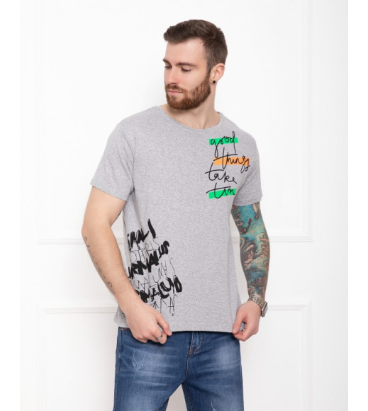 Сіра трикотажна футболка з кольоровим принтом