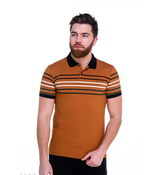 Гірчична чоловіча футболка-поло з контрастними кольоровими смугами