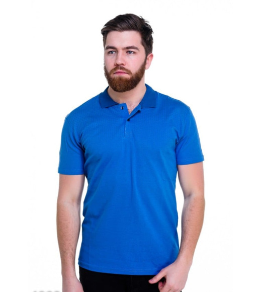 Голубая футболка-поло с небольшим воротом и неярким принтом на плечах
