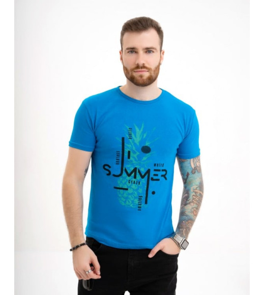 Блакитна бавовняна футболка з малюнком та написами