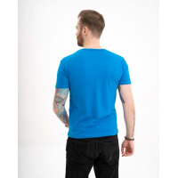 Блакитна бавовняна футболка з малюнком та написами
