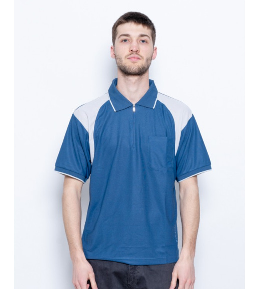 Синяя спортивная футболка-поло с серыми вставками