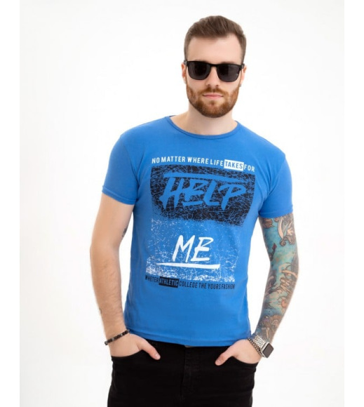Блакитна футболка з тонкої бавовни з написами