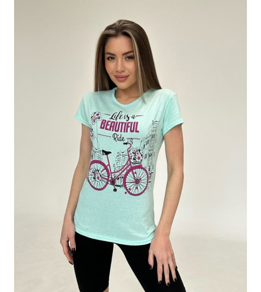 Мятная трикотажная футболка с велосипедом