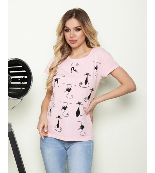 Розовая хлопковая футболка с кошками