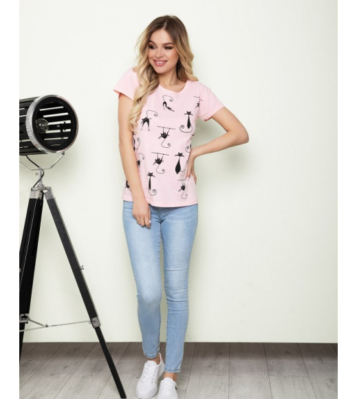 Розовая хлопковая футболка с кошками