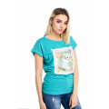 Бірюзова футболка з короткими рукавами і великою вишивкою паєтками з совою