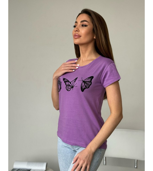 Сиреневая хлопковая футболка с бабочками