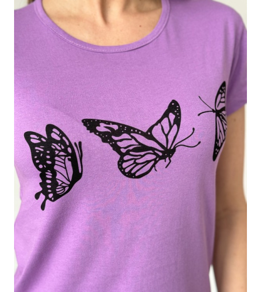 Бузкова бавовняна футболка з метеликами