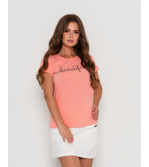 Персикова бавовняна футболка з надписом з блискіток