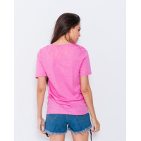 Розовая трикотажная футболка с кружевными вставками