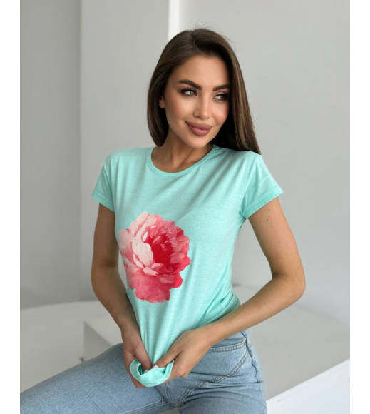 Бірюзова бавовняна футболка з квітковим малюнком