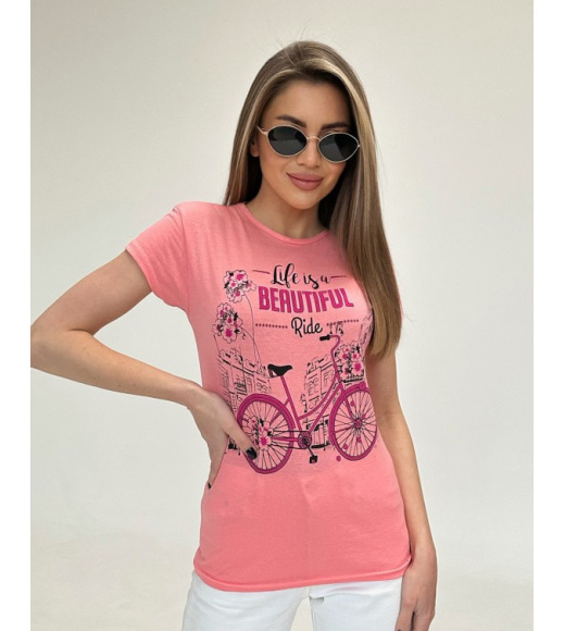 Трикотажна коралова футболка з велосипедом