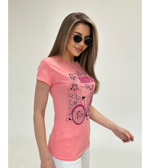 Коралловая трикотажная футболка с велосипедом