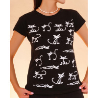 Чорна бавовняна футболка з котячим принтом