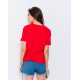 Красная футболка белыми тесемками и вышивкой