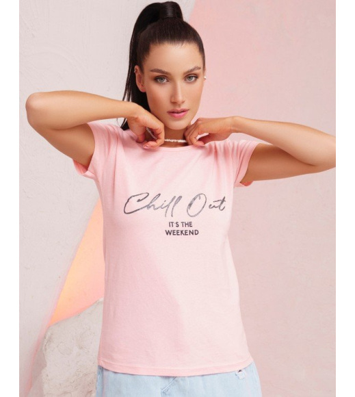 Розовая хлопковая футболка с блестящей надписью