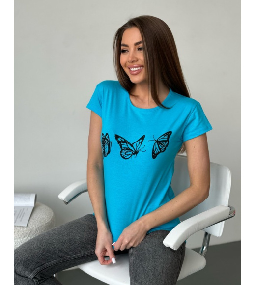 Блакитна бавовняна футболка з метеликами