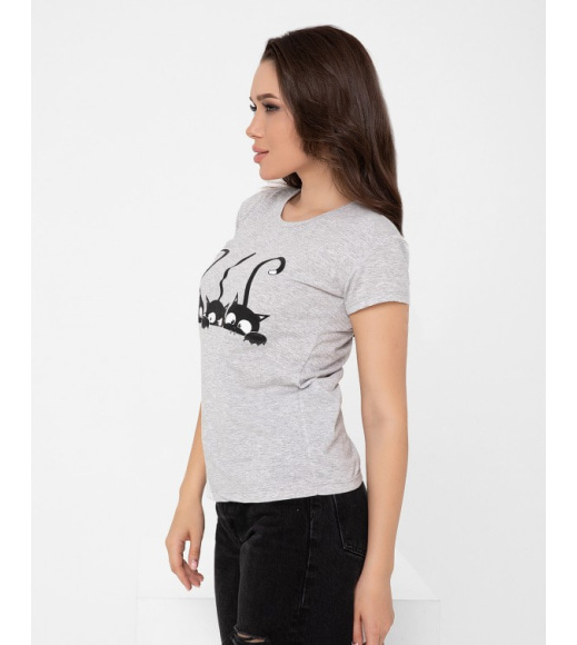 Сіра трикотажна футболка з котячим принтом