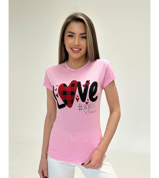 Рожева бавовняна футболка з принтом-сердечками та написами