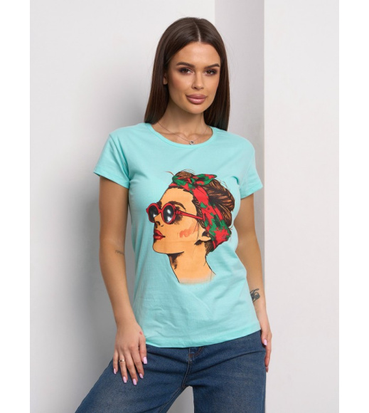 Мятная хлопковая футболка с ярким рисунком