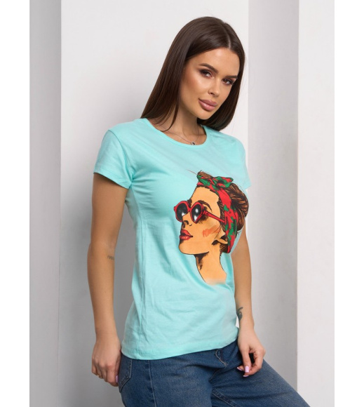 Мятная хлопковая футболка с ярким рисунком