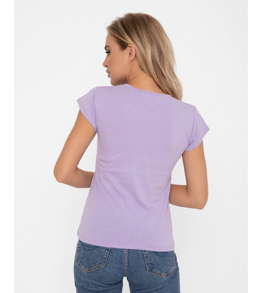 Сиреневая хлопкова футболка с цветным принтом