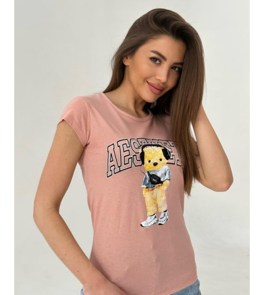 Персикова футболка з бавовни з ведмедиком та написом