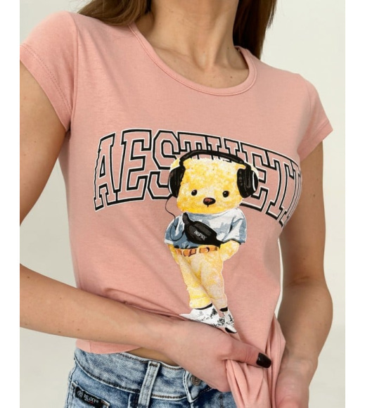 Персиковая футболка из хлопка с мишкой и надписью