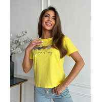 Желтая хлопковая футболка с принтом и надписью