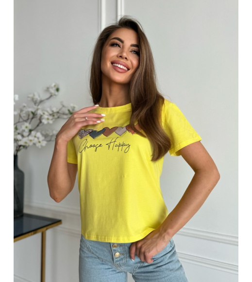 Жовта бавовняна футболка з принтом та написом