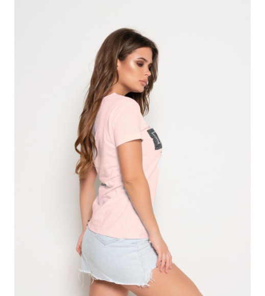 Тонкая розовая коттоновая футболка с надписями