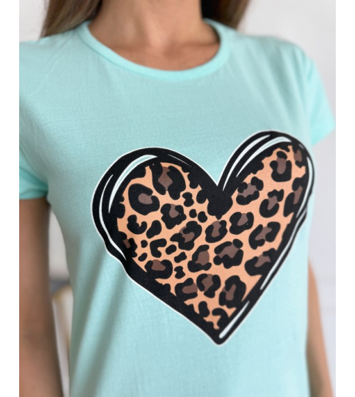 Бірюзова бавовняна футболка з леопардовим принтом