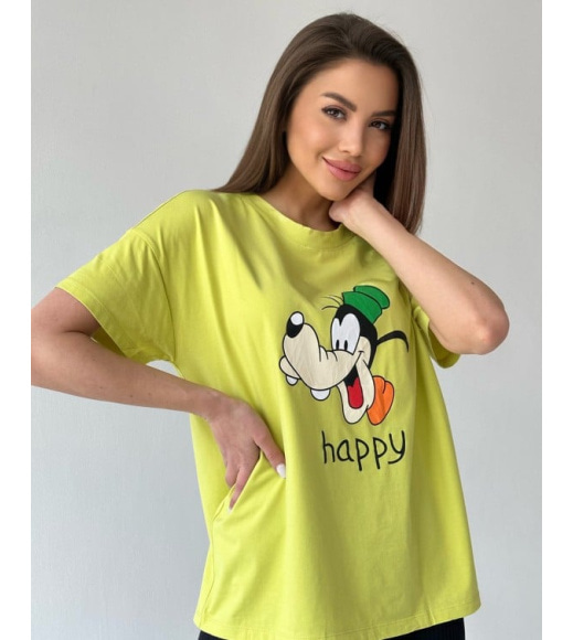 Салатовая футболка оверсайз с цветным принтом
