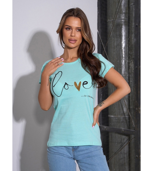 Мятная футболка из хлопка с блестящим декором