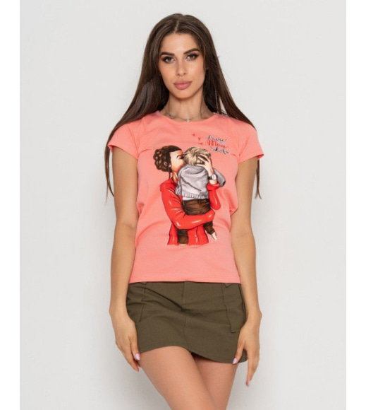 Персиковая хлопковая футболка с ярким крупным принтом