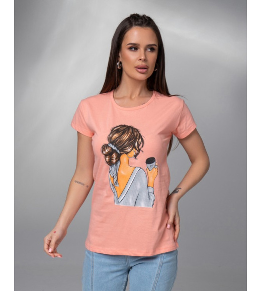 Персиковая хлопковая футболка с ярким рисунком