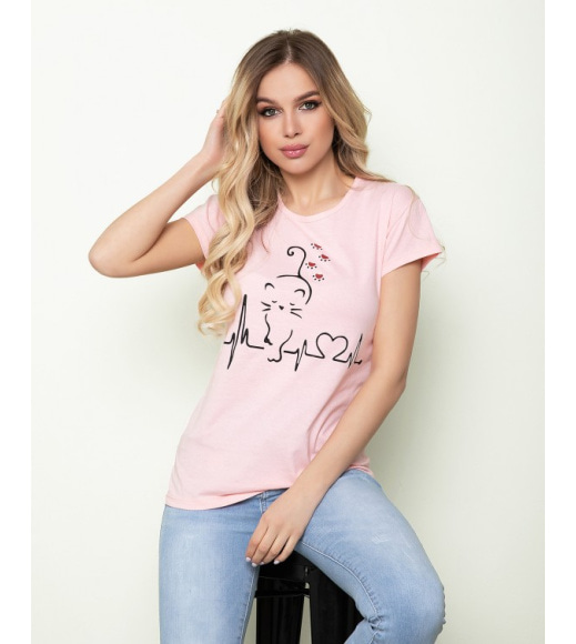 Розовая трикотажная футболка с кошачьим принтом