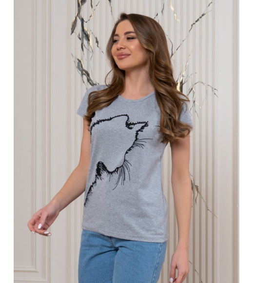 Сіра бавовняна футболка з котячим силуетом