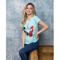 Мятная трикотажная футболка с кошачьим принтом